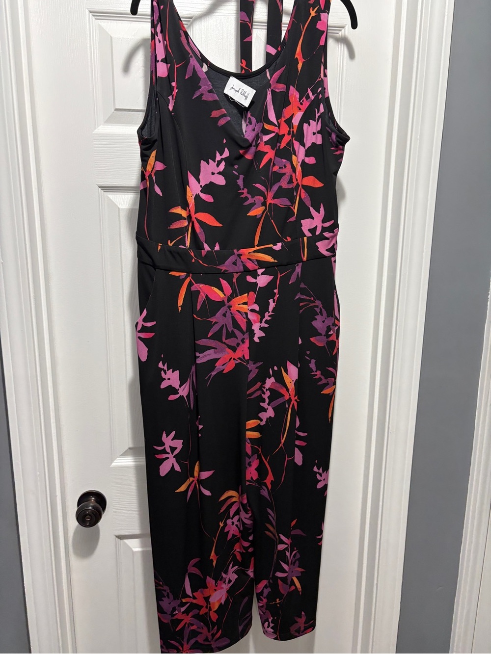 Joseph Ribkoff Black Jumpsuit with Pink & Orange Floral Print